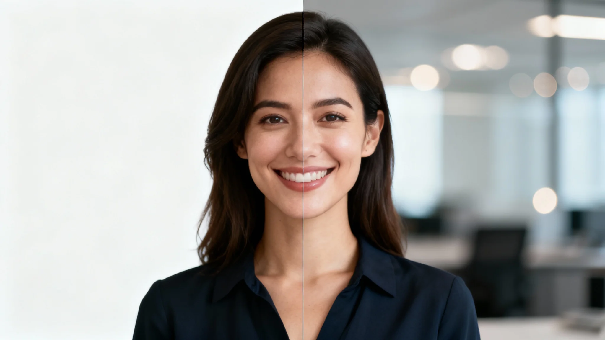 A conceptual headshot of a woman, where the background is split in two: one side shows a plain beige wall, and the other a modern office, demonstrating a background editing feature.