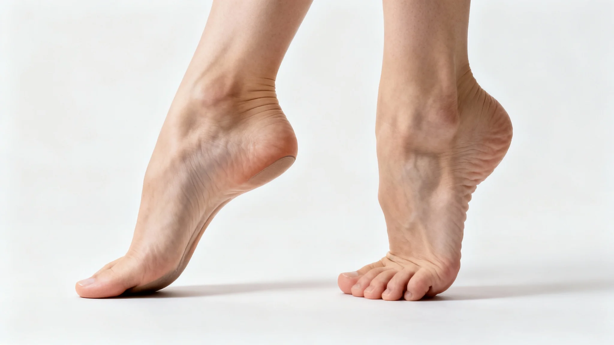 A hyper-realistic, close-up photograph of a pair of well-groomed feet in a graceful pose against a stark white background, highlighting their form and structure.