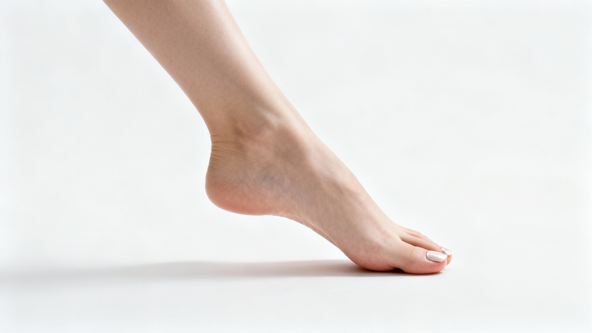 A close-up photograph of a well-manicured human foot in an elegant pose, isolated against a clean white background, highlighting its anatomical structure.
