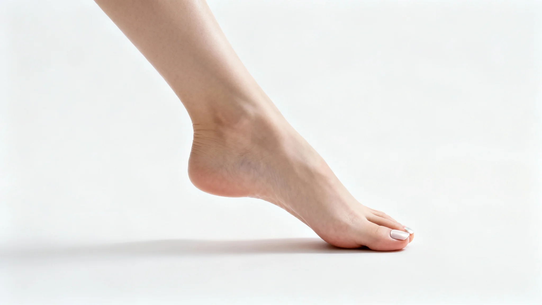 A close-up photograph of a well-manicured human foot in an elegant pose, isolated against a clean white background, highlighting its anatomical structure.