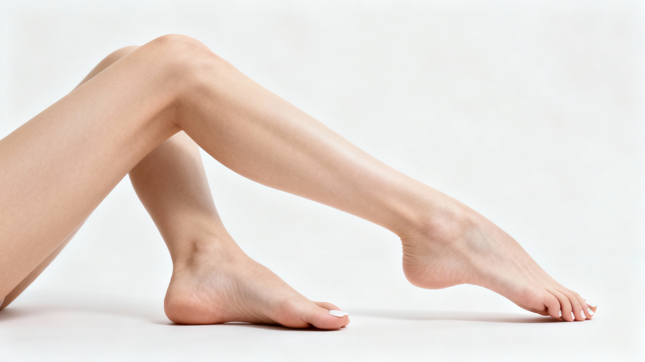 A close-up of a pair of elegant, well-manicured feet in a graceful pose against a clean white background, highlighting their smooth skin and arches.