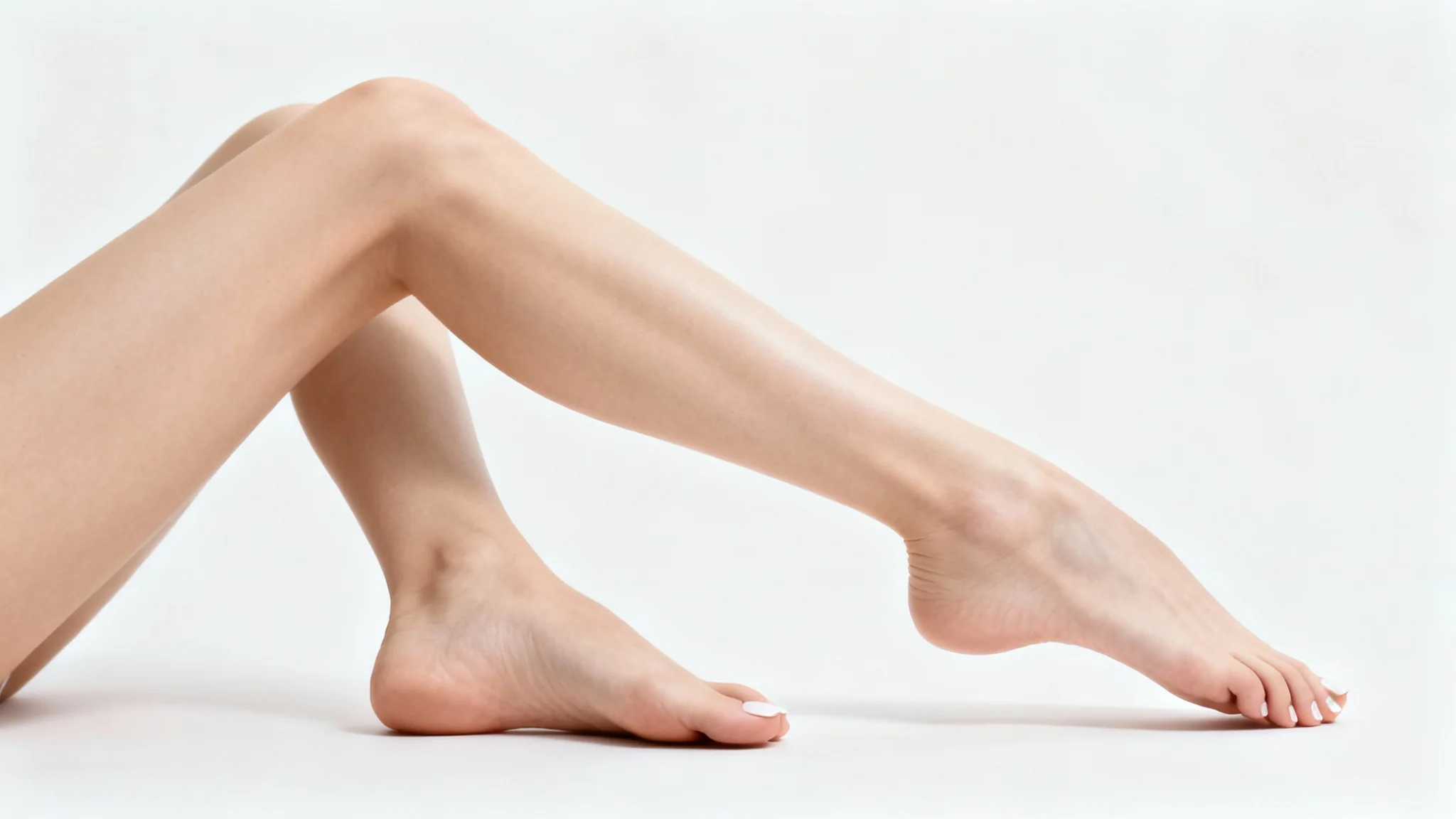 A close-up of a pair of elegant, well-manicured feet in a graceful pose against a clean white background, highlighting their smooth skin and arches.