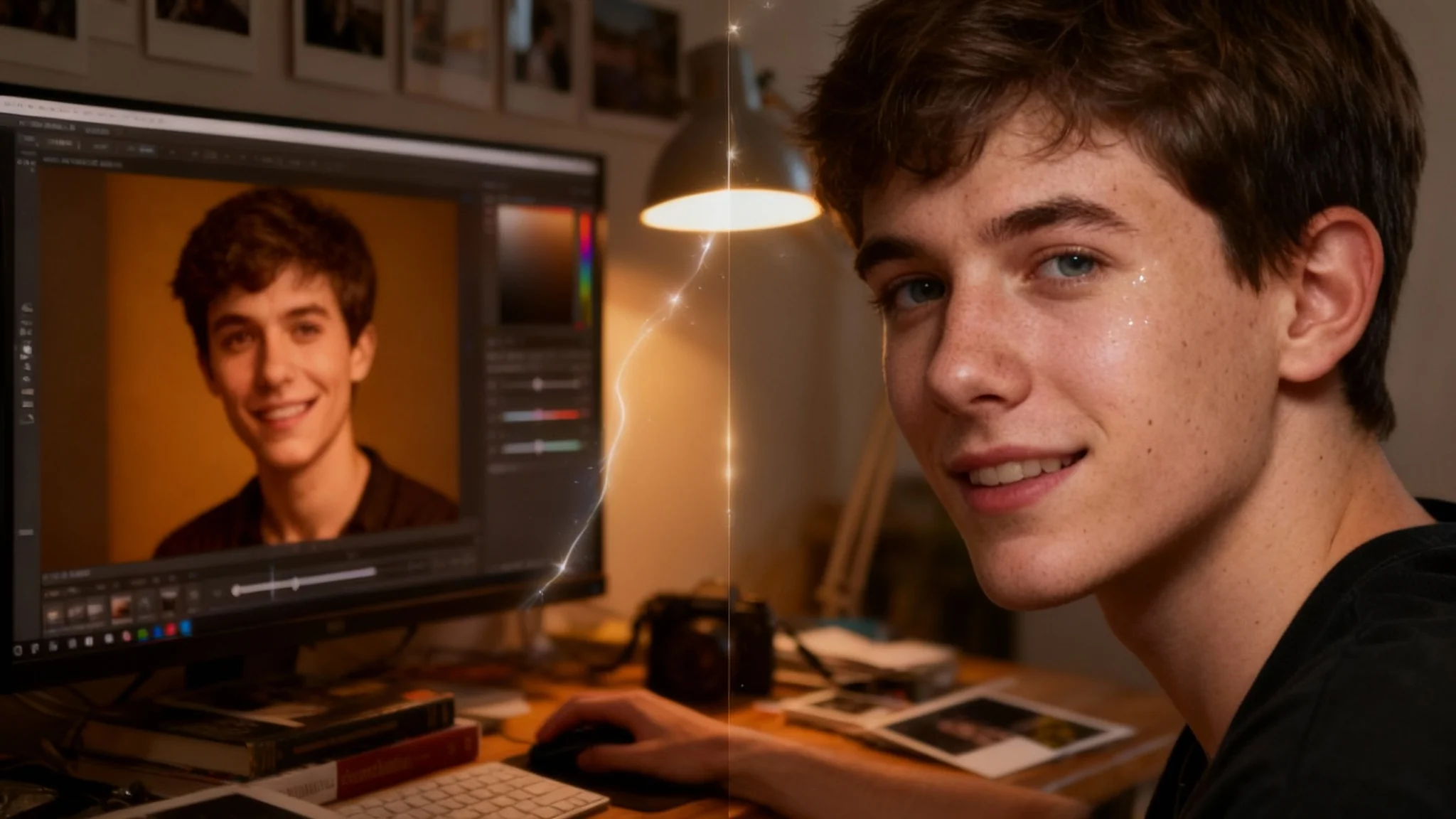 A split-screen comparison showing a photo being enhanced. The left side shows a grainy portrait, while the right side shows the same portrait made crystal-clear and sharp.