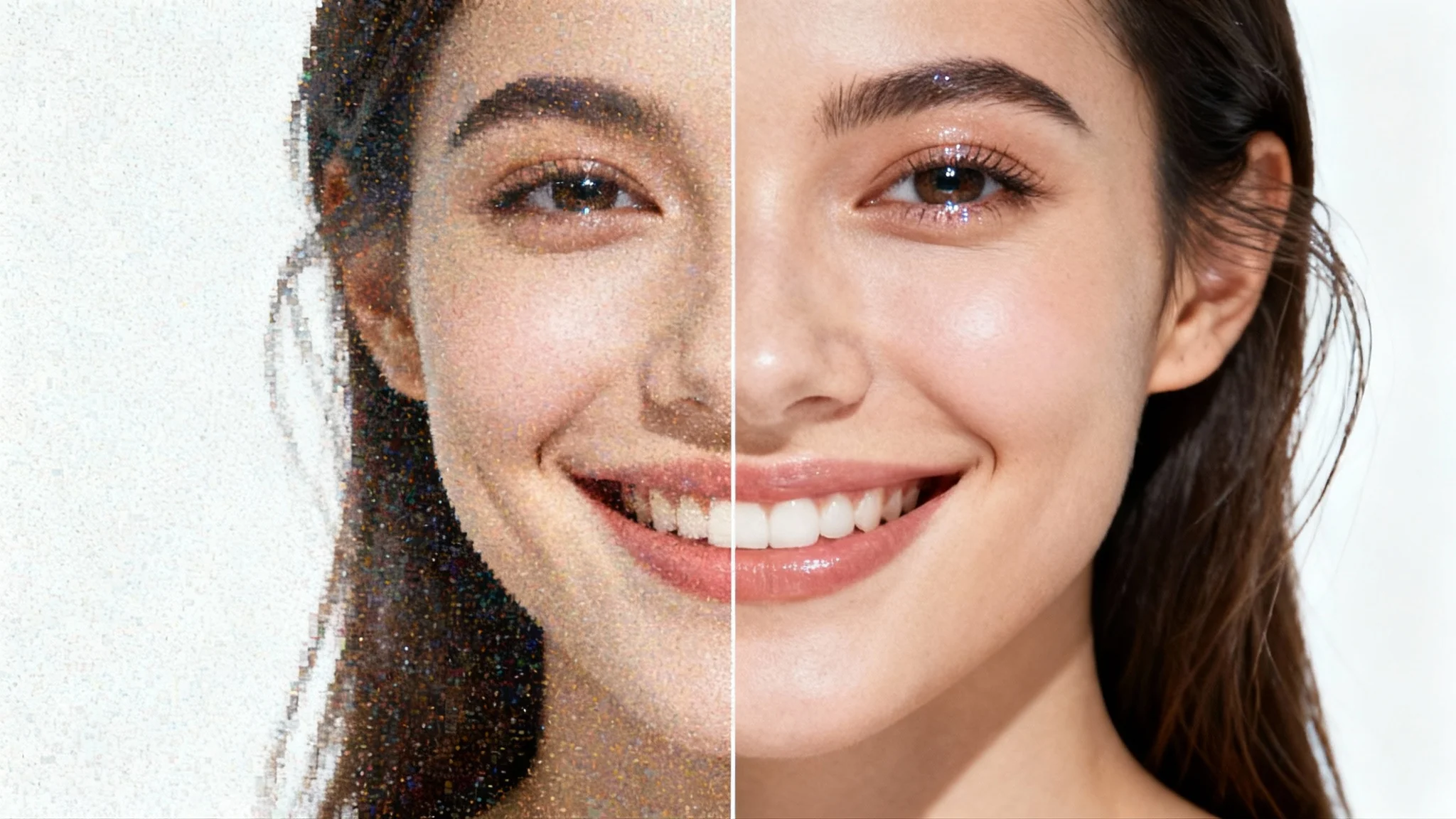 A split-screen image demonstrating a photo enhancement tool. The left side shows a grainy, blurry portrait of a person, while the right side shows the same portrait as perfectly clear, sharp, and vibrant.