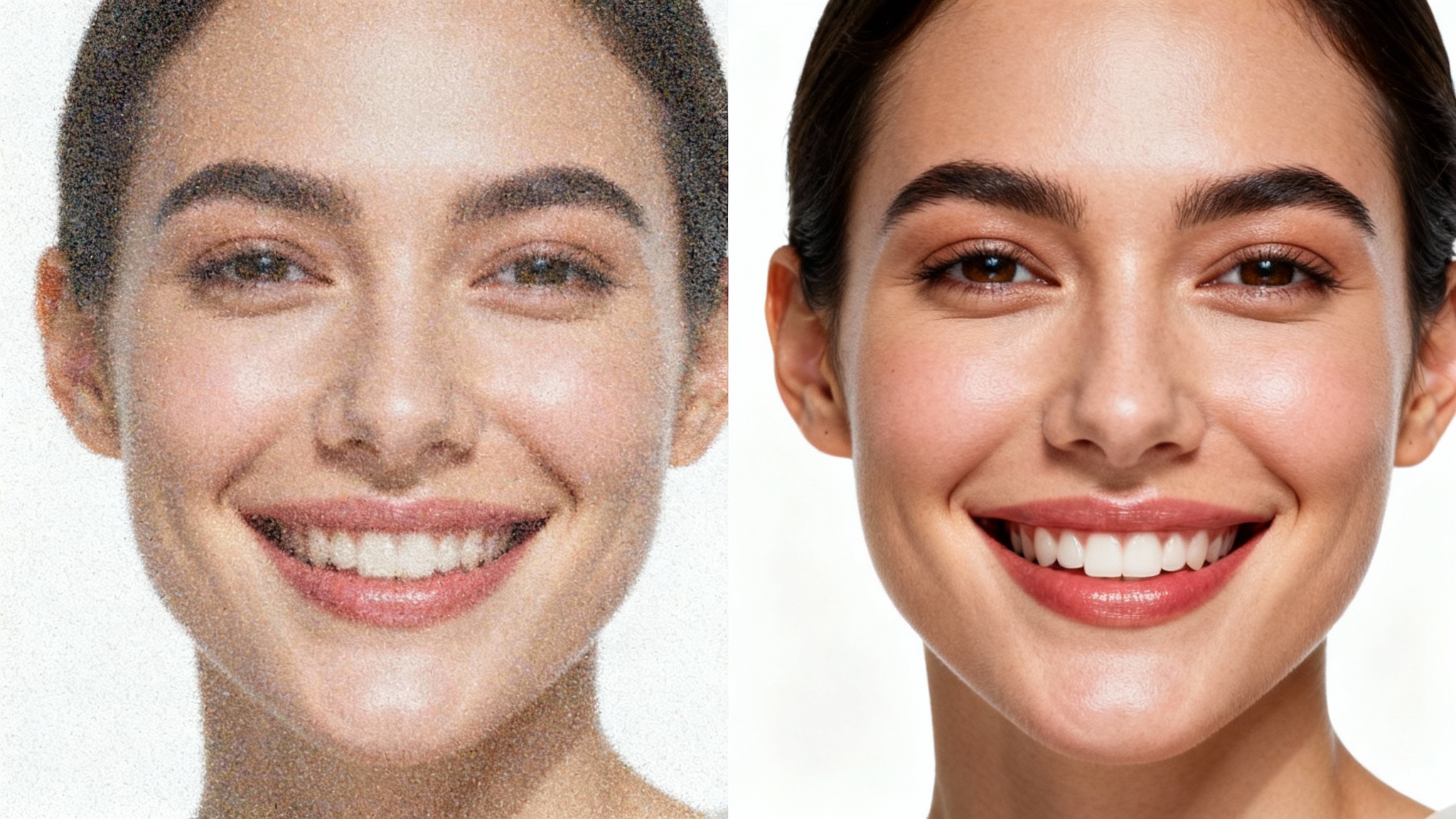 A side-by-side comparison image showing the effect of fixing a grainy photo. The left side is a blurry, grainy portrait, and the right side is the same portrait made sharp, clear, and vibrant.