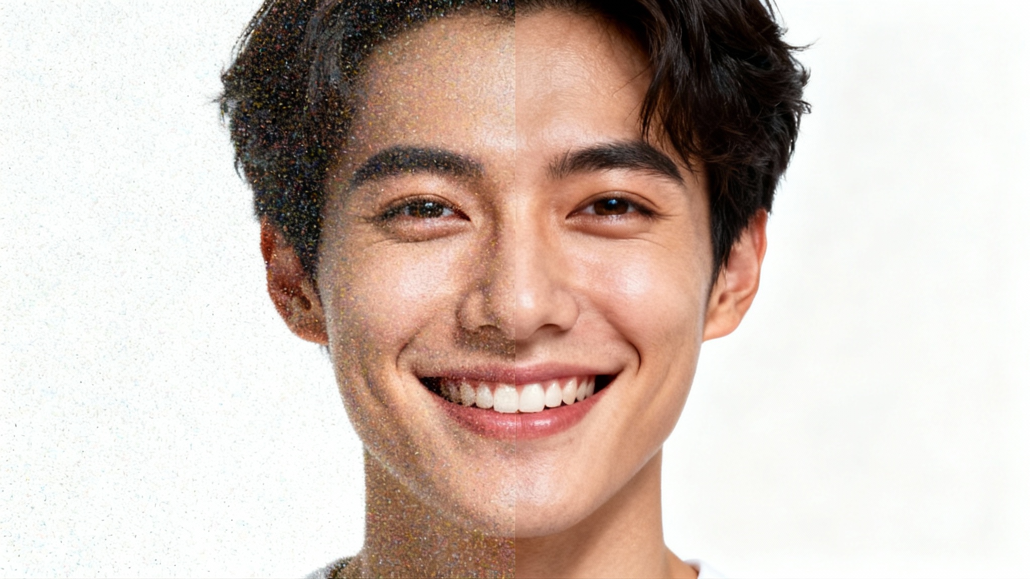 A before-and-after comparison image showing a photo being fixed. The left side is a grainy, blurry portrait, and the right side is the same portrait but sharp, clear, and vibrant.