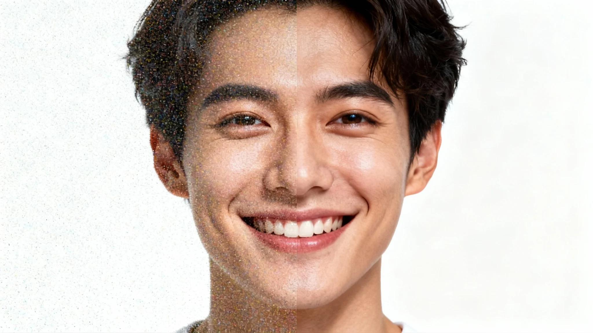 A before-and-after comparison image showing a photo being fixed. The left side is a grainy, blurry portrait, and the right side is the same portrait but sharp, clear, and vibrant.