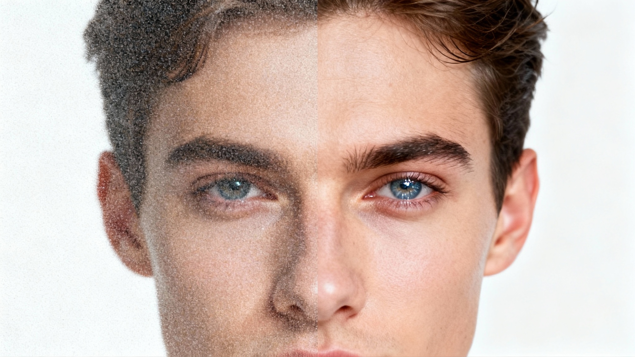 A before-and-after split image demonstrating photo enhancement. The left side shows a grainy, blurry portrait, while the right side shows the same portrait made crystal clear and sharp.