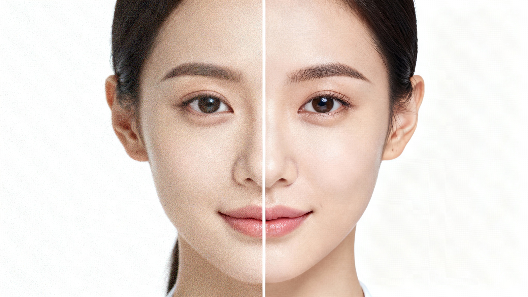 A split image demonstrating the effect of fixing a grainy photo. The left side shows a very grainy and blurry portrait, while the right side shows the same portrait as a sharp, clear, high-resolution image.