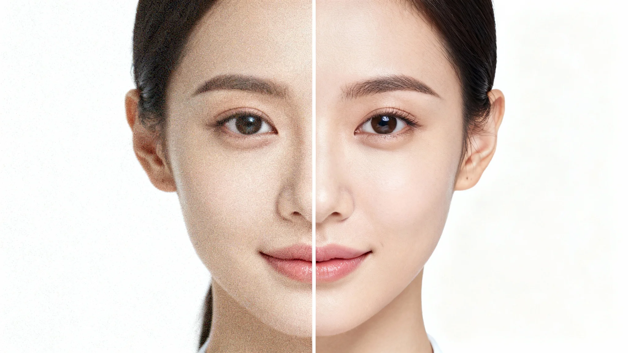 A split image demonstrating the effect of fixing a grainy photo. The left side shows a very grainy and blurry portrait, while the right side shows the same portrait as a sharp, clear, high-resolution image.