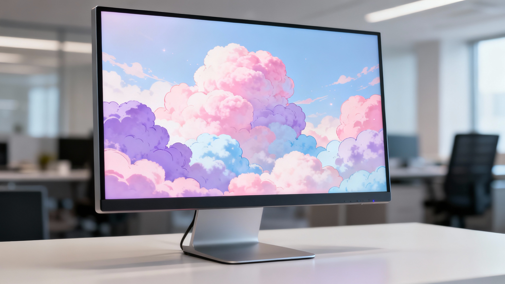 A modern computer monitor on a desk displaying a beautiful wallpaper of pink and blue cotton candy clouds in a dreamy sky.