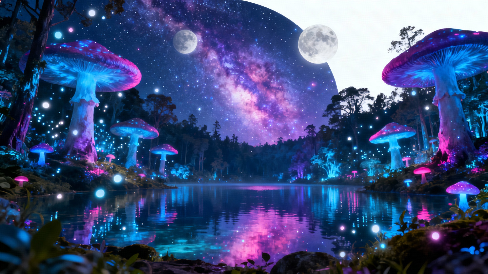 A beautiful fantasy landscape wallpaper featuring a bioluminescent forest, a crystal-clear lake, and a vibrant nebula in the night sky with two moons.