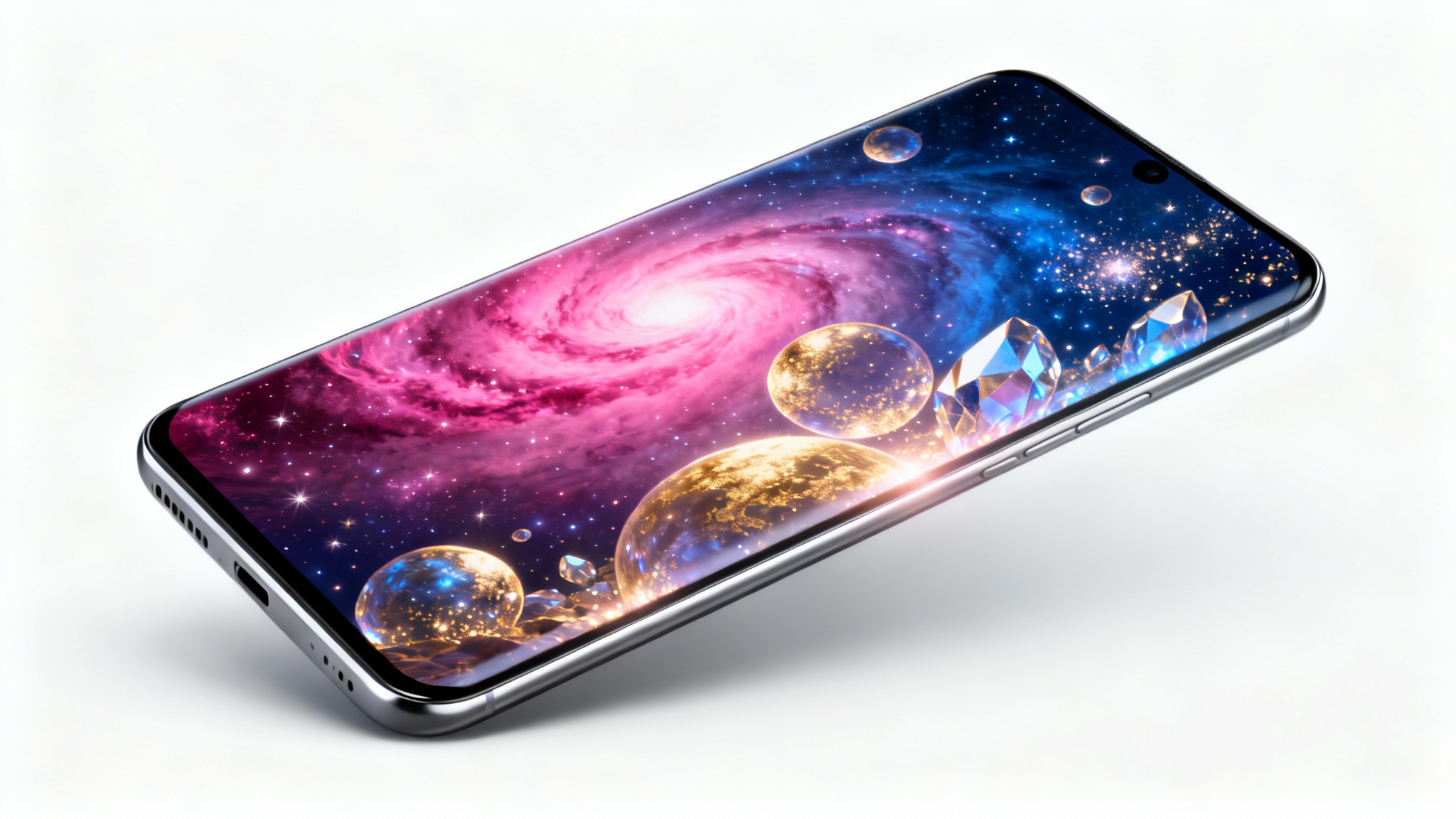 A modern smartphone mockup displaying a vibrant and surreal space-themed wallpaper with colorful nebulae and planets, set against a plain white background.