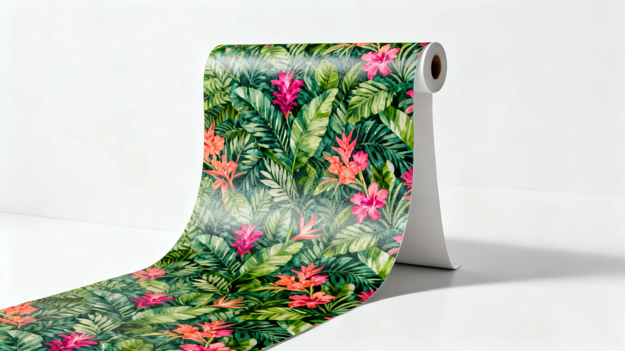 A mockup of a partially unrolled wallpaper scroll featuring a vibrant tropical leaf and flower pattern, set against a plain white background.