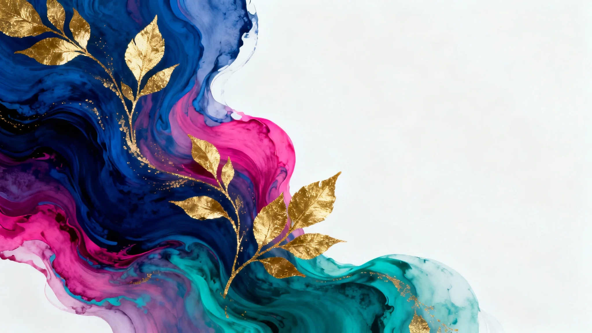 A vibrant abstract wallpaper design featuring a fluid swirl of magenta, indigo, and teal colors accented with elegant streaks of gold, presented against a white background.