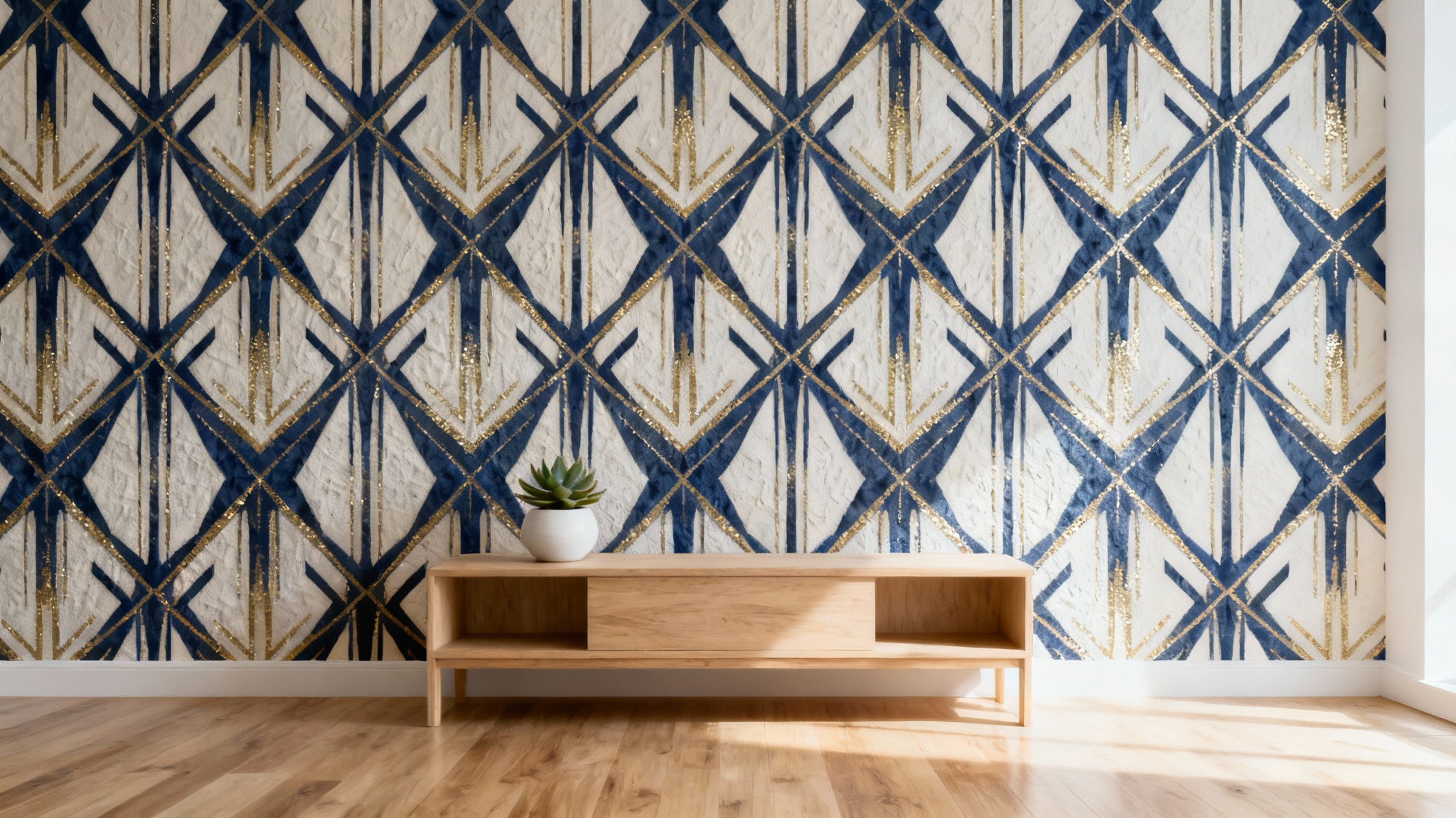 A modern living room with a feature wall showcasing elegant art deco wallpaper with a navy blue and gold geometric pattern, styled with a minimalist console table.