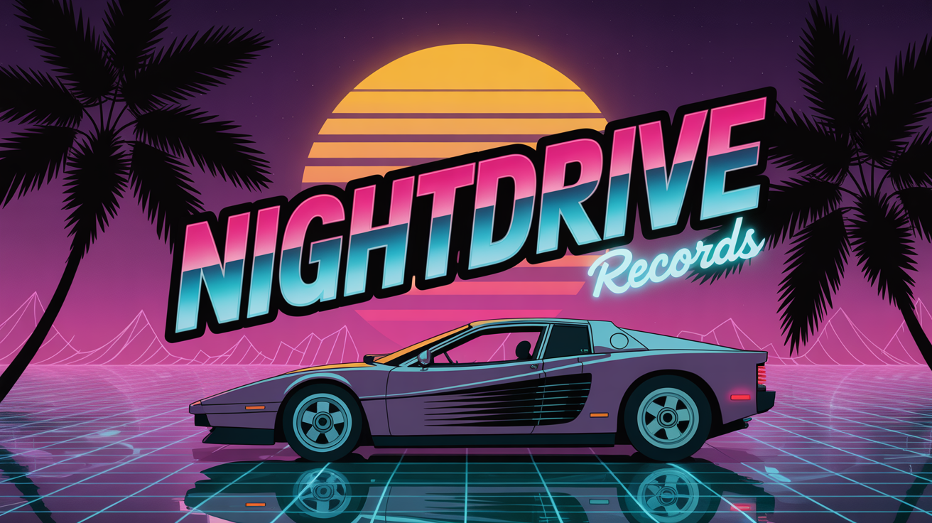 A finished synthwave logo for a fictional brand called 'NIGHTDRIVE Records'. The logo uses chrome and neon pink and blue text, set against a retro 80s background with a digital grid, setting sun, and a sleek black sports car.