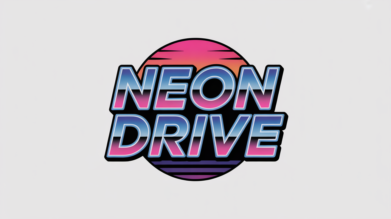 A synthwave logo mockup on a white background. The logo features the text 'NEON DRIVE' in a chrome 80s font with a blue neon glow, set against a stylized pink and orange retro sunset.