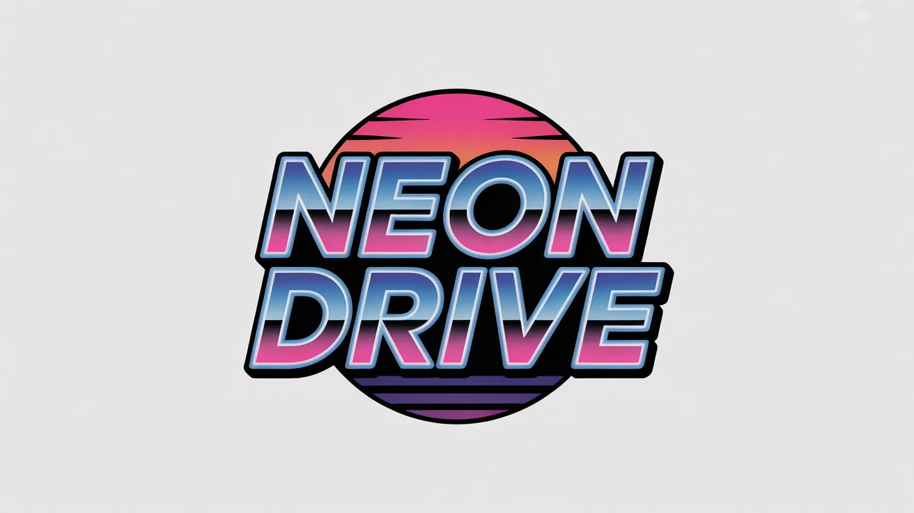 A synthwave logo mockup on a white background. The logo features the text 'NEON DRIVE' in a chrome 80s font with a blue neon glow, set against a stylized pink and orange retro sunset.