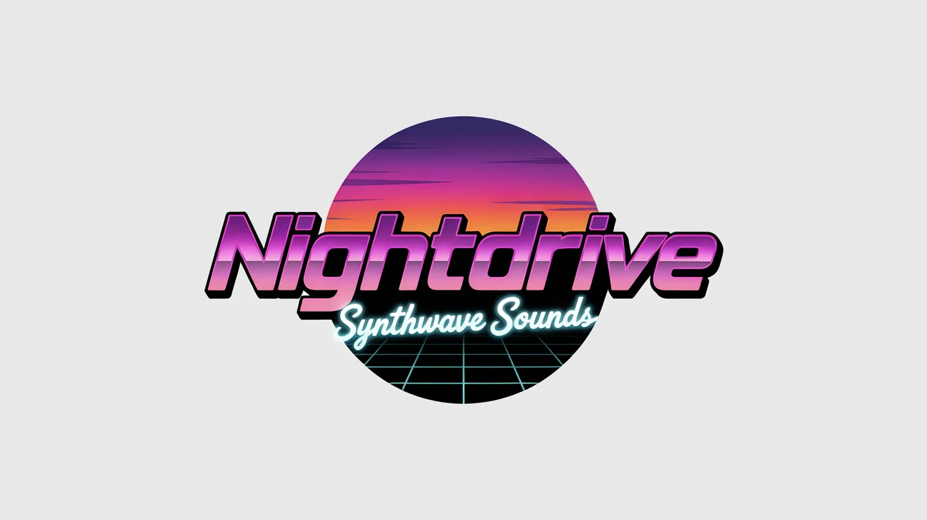 A retro 1980s synthwave logo with the text 'NIGHTDRIVE' and 'SYNTHWAVE SOUNDS' in chrome and neon letters, set against a glowing sunset and perspective grid on a white background.