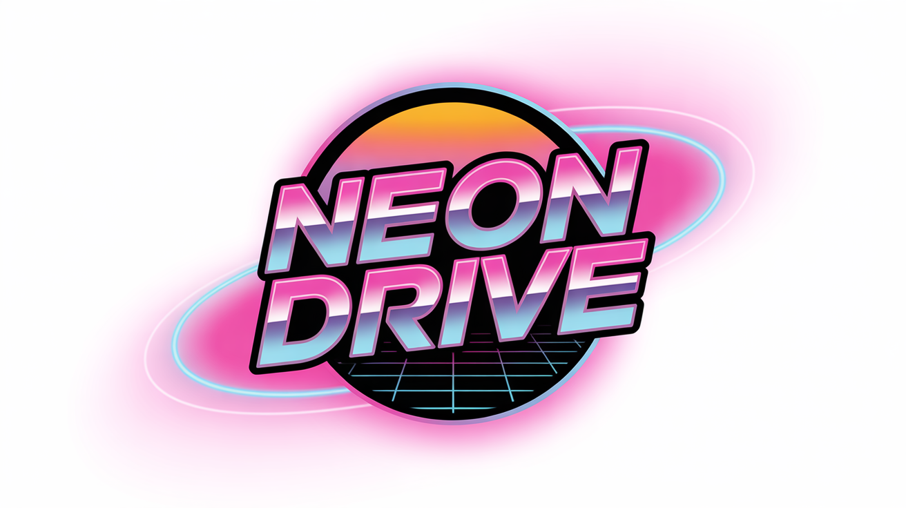 A synthwave-style logo mockup featuring the words 'NEON DRIVE' in chrome lettering, set against a circular neon sunset and a digital grid. The logo is isolated on a white background.