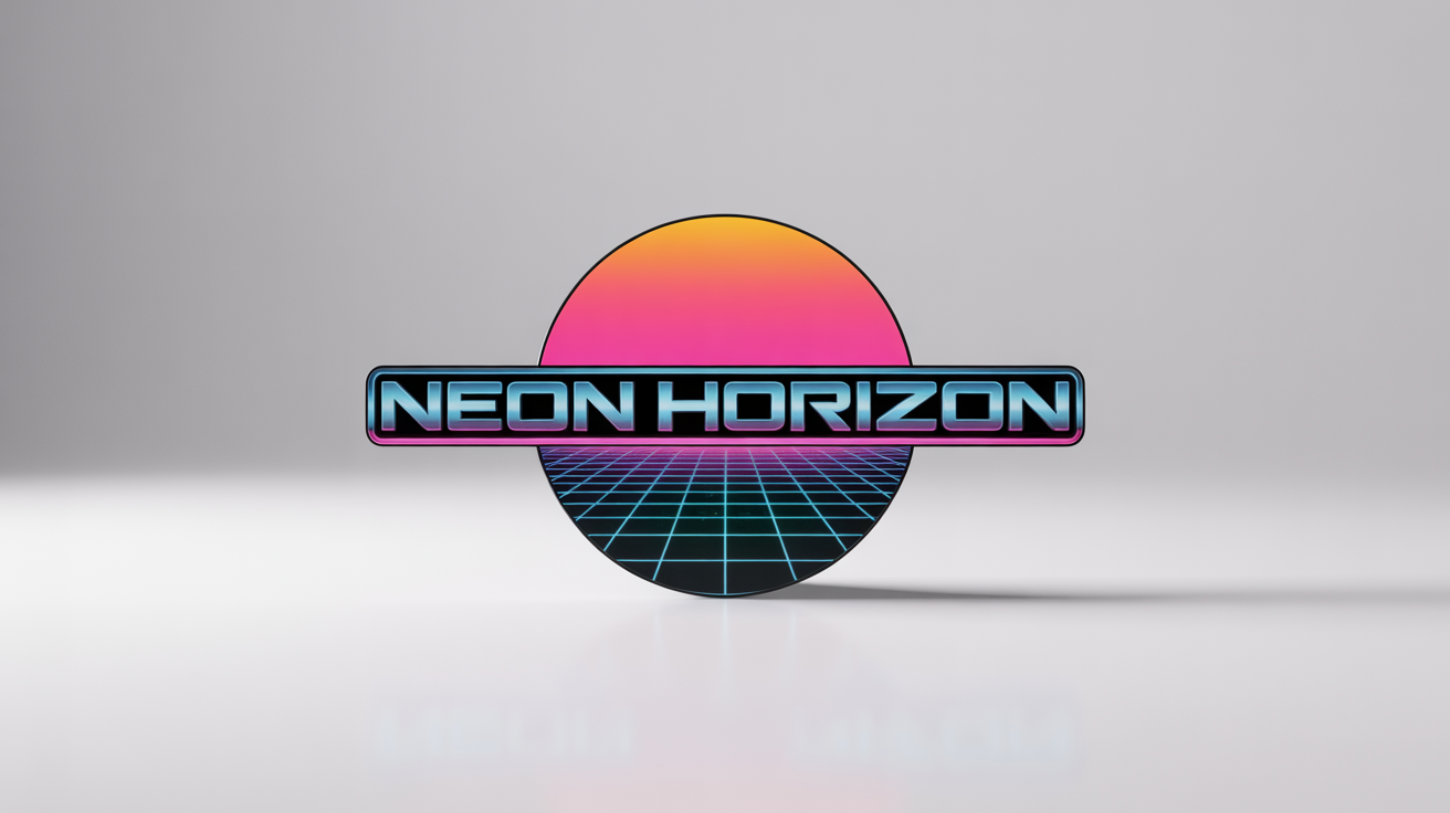 A synthwave-style logo mockup on a white background, featuring the text 'NEON HORIZON' in chrome and blue above a stylized setting sun and a digital grid.