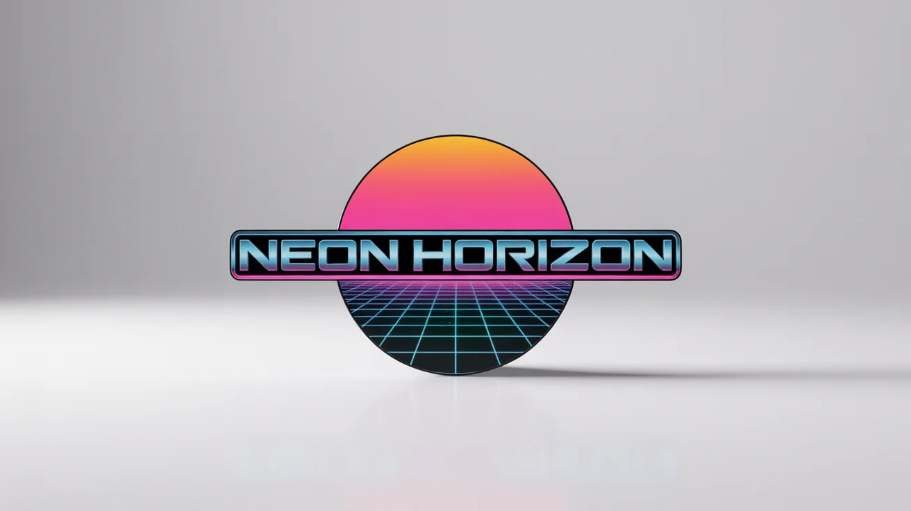 A synthwave-style logo mockup on a white background, featuring the text 'NEON HORIZON' in chrome and blue above a stylized setting sun and a digital grid.
