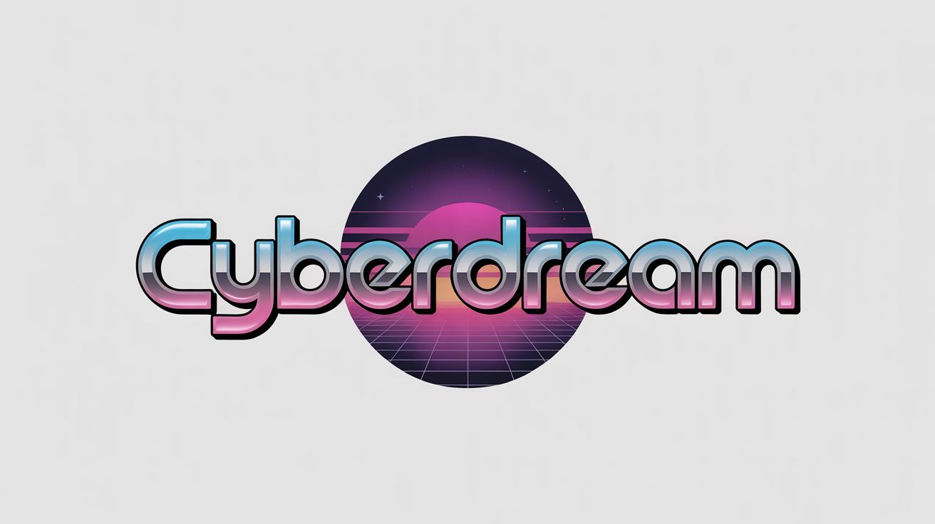 A retro-futuristic synthwave logo mockup with the word 'CYBERDREAM' in chrome and neon, set against a digital sunset grid on a clean white background.