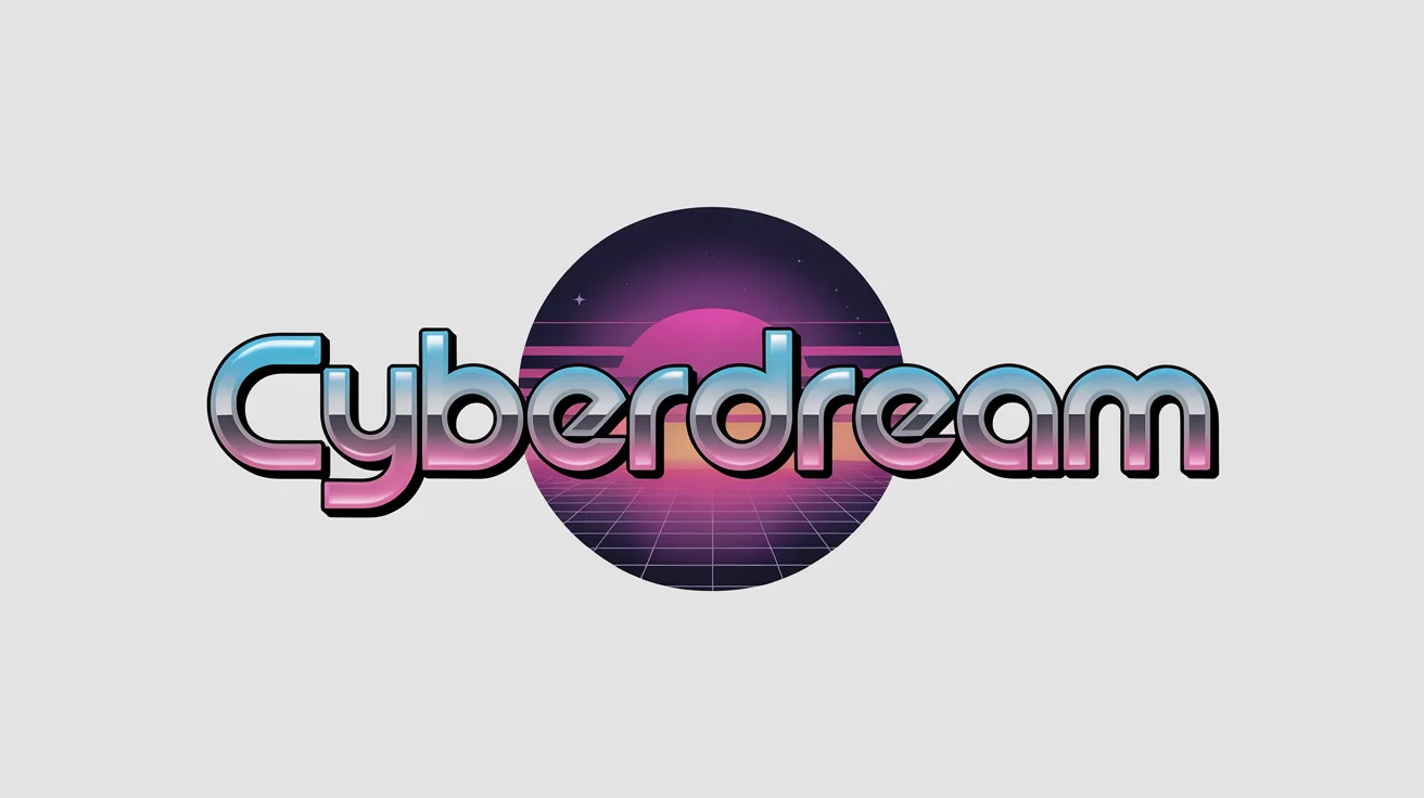 A retro-futuristic synthwave logo mockup with the word 'CYBERDREAM' in chrome and neon, set against a digital sunset grid on a clean white background.