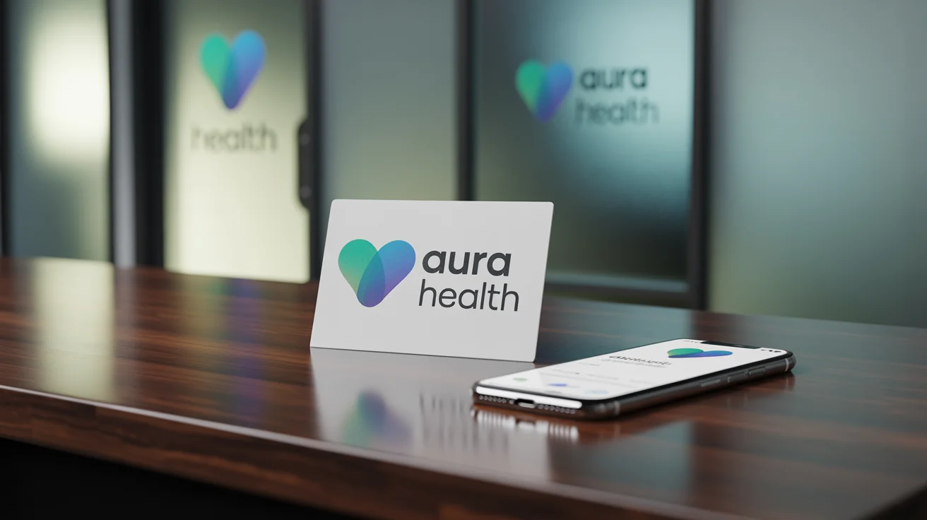 A collection of branding materials for a fictional healthcare company 'Aura Health', showcasing its modern logo on a business card, glass door, and mobile app.