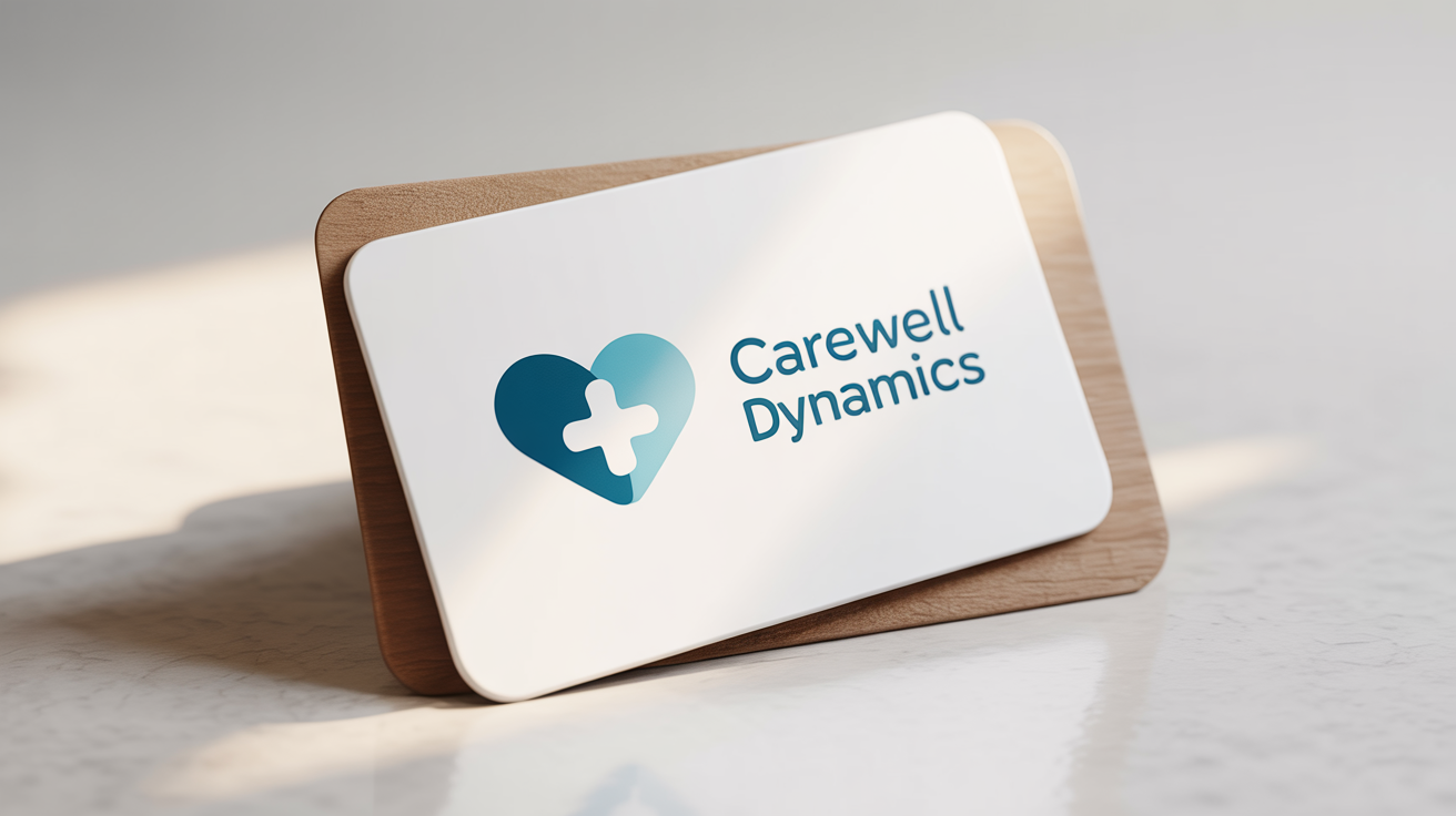 A professional mockup of a healthcare logo for 'CareWell Dynamics', featuring a teal and blue abstract heart and cross symbol on a business card against a clean white background.