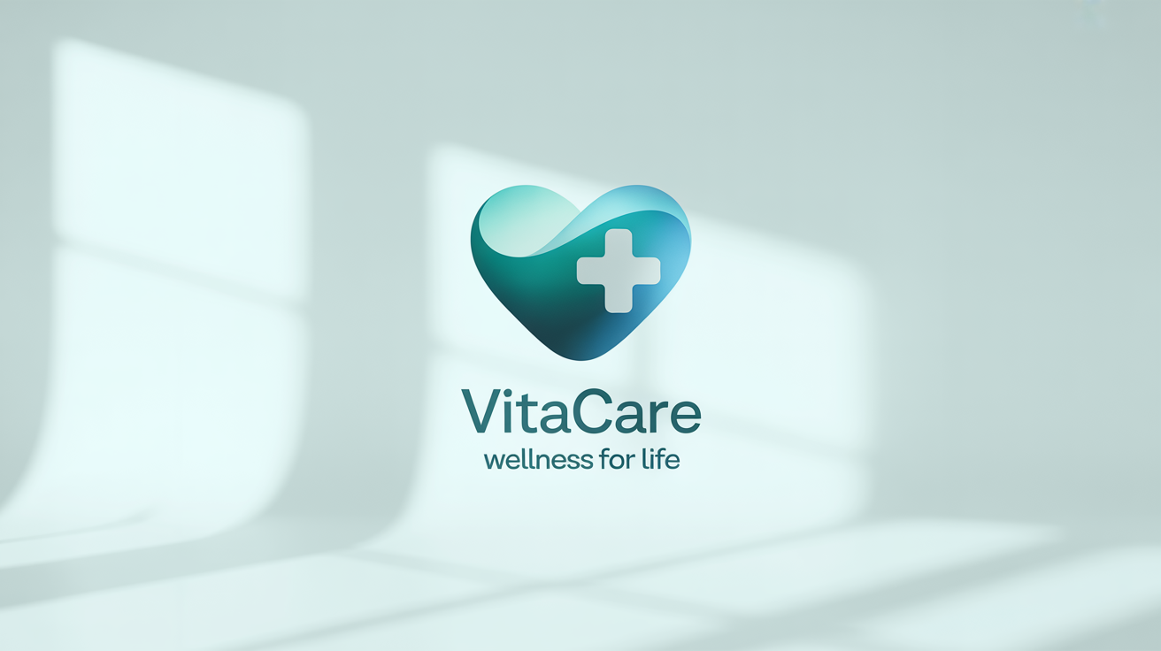 A professional mockup of a healthcare logo for 'VitaCare', featuring a blue and teal abstract symbol combining a heart and a medical cross, with the tagline 'Wellness for Life' underneath, all on a clean white background.