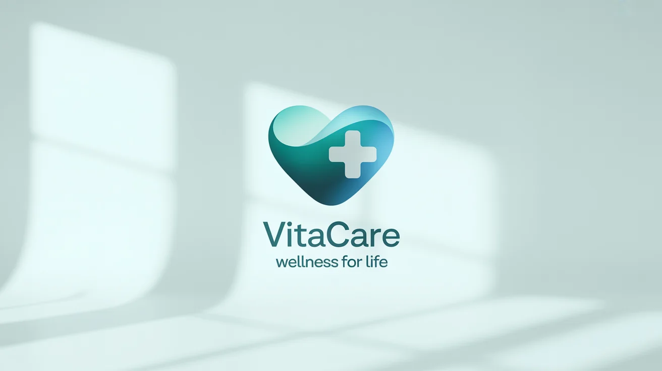 A professional mockup of a healthcare logo for 'VitaCare', featuring a blue and teal abstract symbol combining a heart and a medical cross, with the tagline 'Wellness for Life' underneath, all on a clean white background.