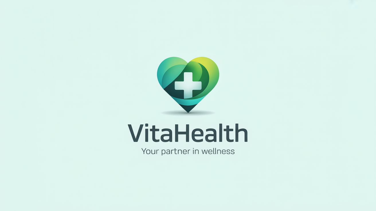 A professional healthcare logo mockup featuring a stylized heart and plus sign icon in a teal and green gradient. Below the icon is the text 'VitaHealth' and the tagline 'Your Partner in Wellness', all on a clean white background.