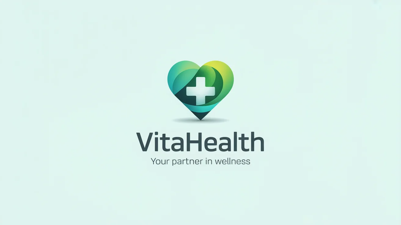 A professional healthcare logo mockup featuring a stylized heart and plus sign icon in a teal and green gradient. Below the icon is the text 'VitaHealth' and the tagline 'Your Partner in Wellness', all on a clean white background.