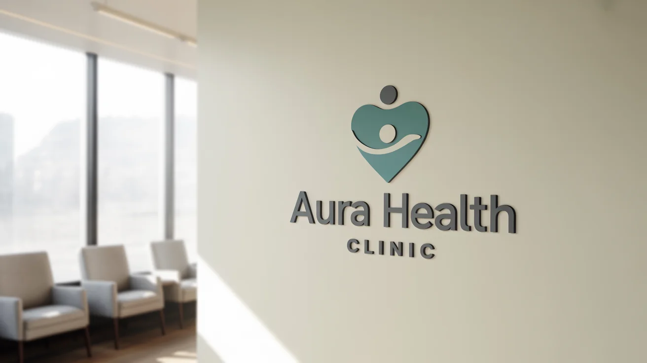 A professional mockup of a modern healthcare logo for 'Aura Health Clinic' displayed on a clean wall in a bright, serene medical office.