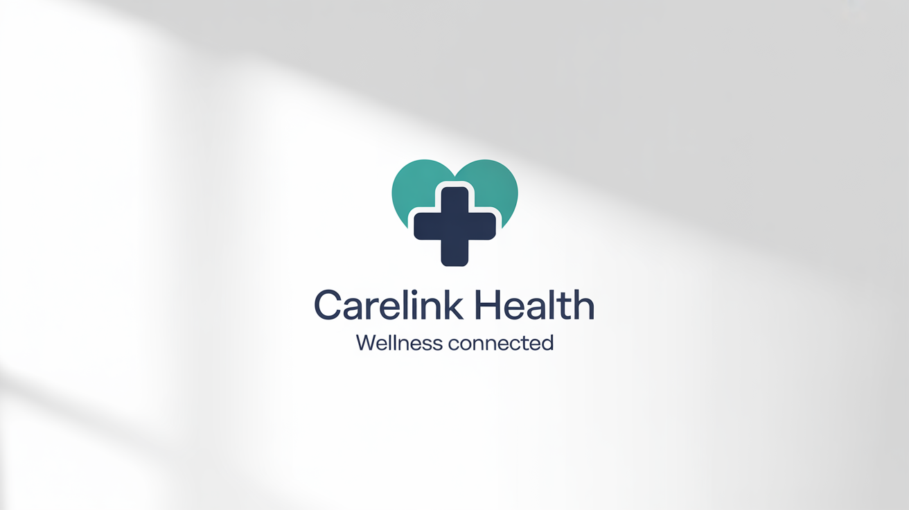A mockup of a healthcare logo for a company called 'CareLink Health'. The logo features a teal and navy blue abstract heart and cross symbol, presented on a clean white background.