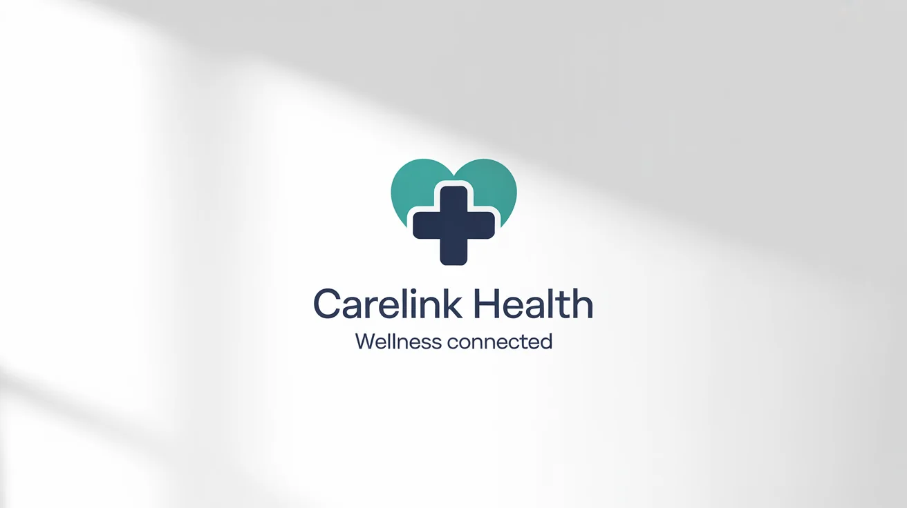 A mockup of a healthcare logo for a company called 'CareLink Health'. The logo features a teal and navy blue abstract heart and cross symbol, presented on a clean white background.