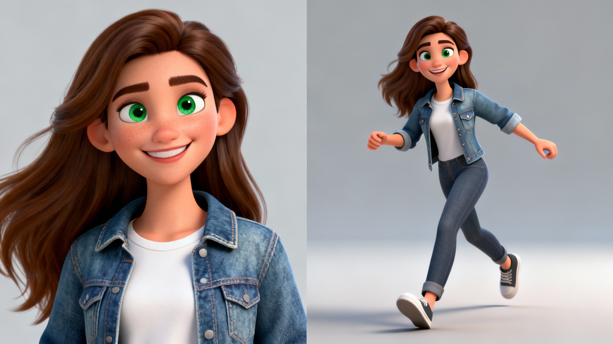 A split-screen comparison showing a photo of a young woman in a denim jacket on the left, and a high-quality 3D character model of the same woman on the right, demonstrating a photo-to-3D conversion.