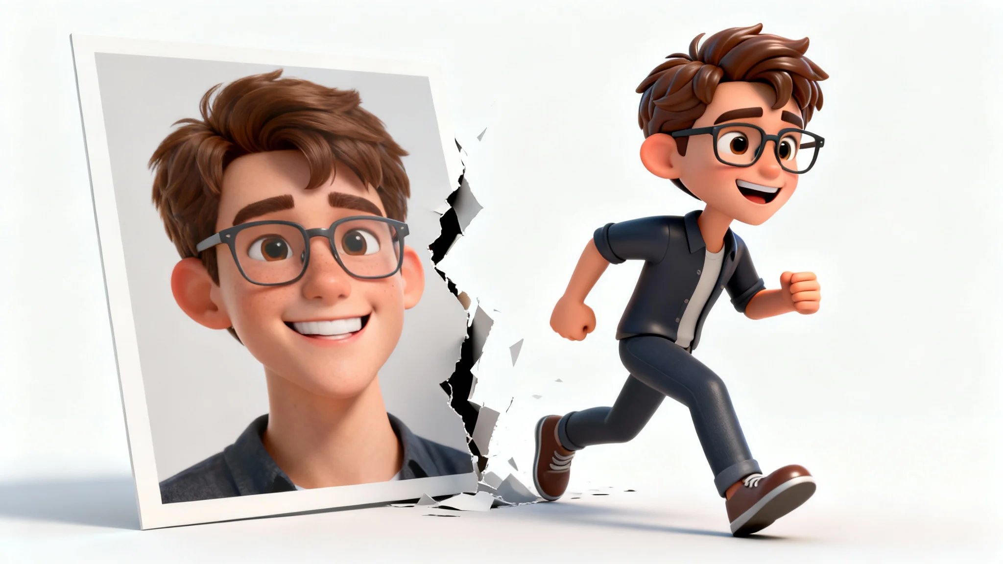 A side-by-side comparison showing a photograph of a man being transformed into a stylized 3D character model, with the 3D model stepping out of the photo.