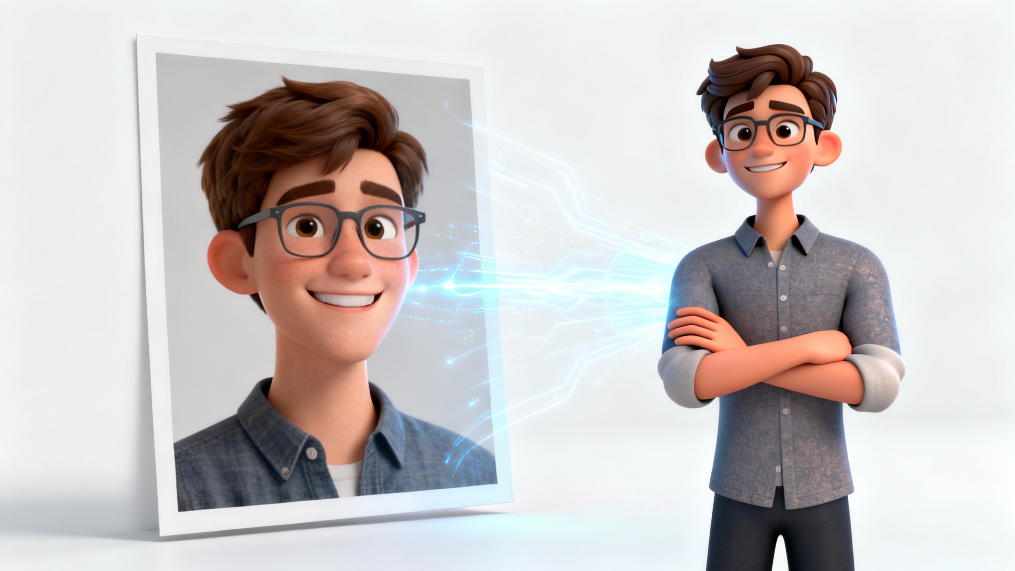 A side-by-side comparison showing a realistic photo of a man transforming into a stylized 3D animated character of himself, representing a photo to 3D character service.