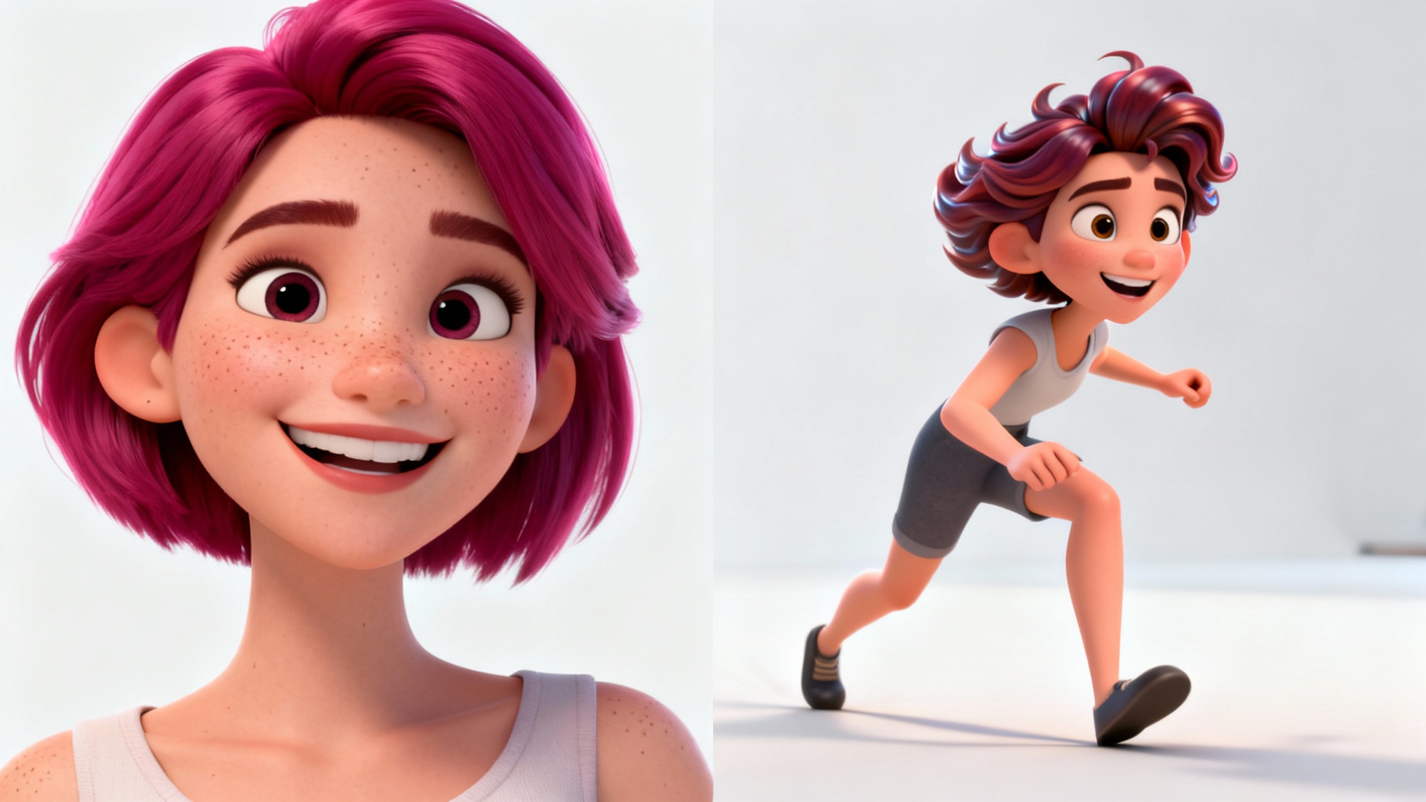 A visual representation of a photo being transformed into a 3D character. A realistic photo of a woman with pink hair is on the left, and a Pixar-style 3D character version of her is on the right, appearing to step out from the photo against a white background.