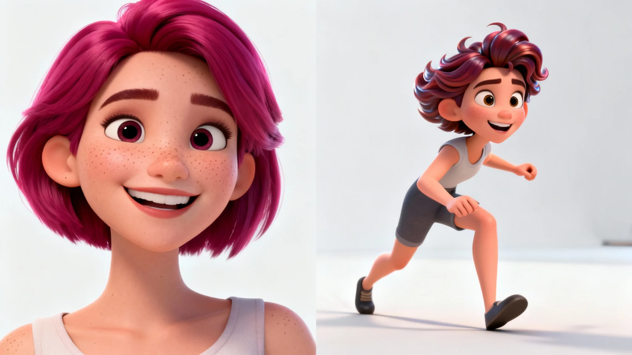 A visual representation of a photo being transformed into a 3D character. A realistic photo of a woman with pink hair is on the left, and a Pixar-style 3D character version of her is on the right, appearing to step out from the photo against a white background.