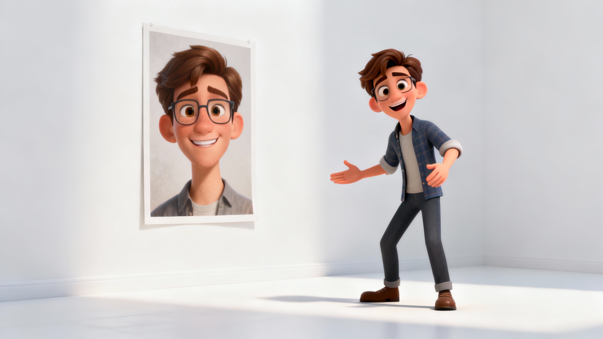 A side-by-side comparison showing a 2D photograph of a young man on the left and a vibrant, stylized 3D character model of the same man on the right, illustrating a photo-to-3D-character conversion.