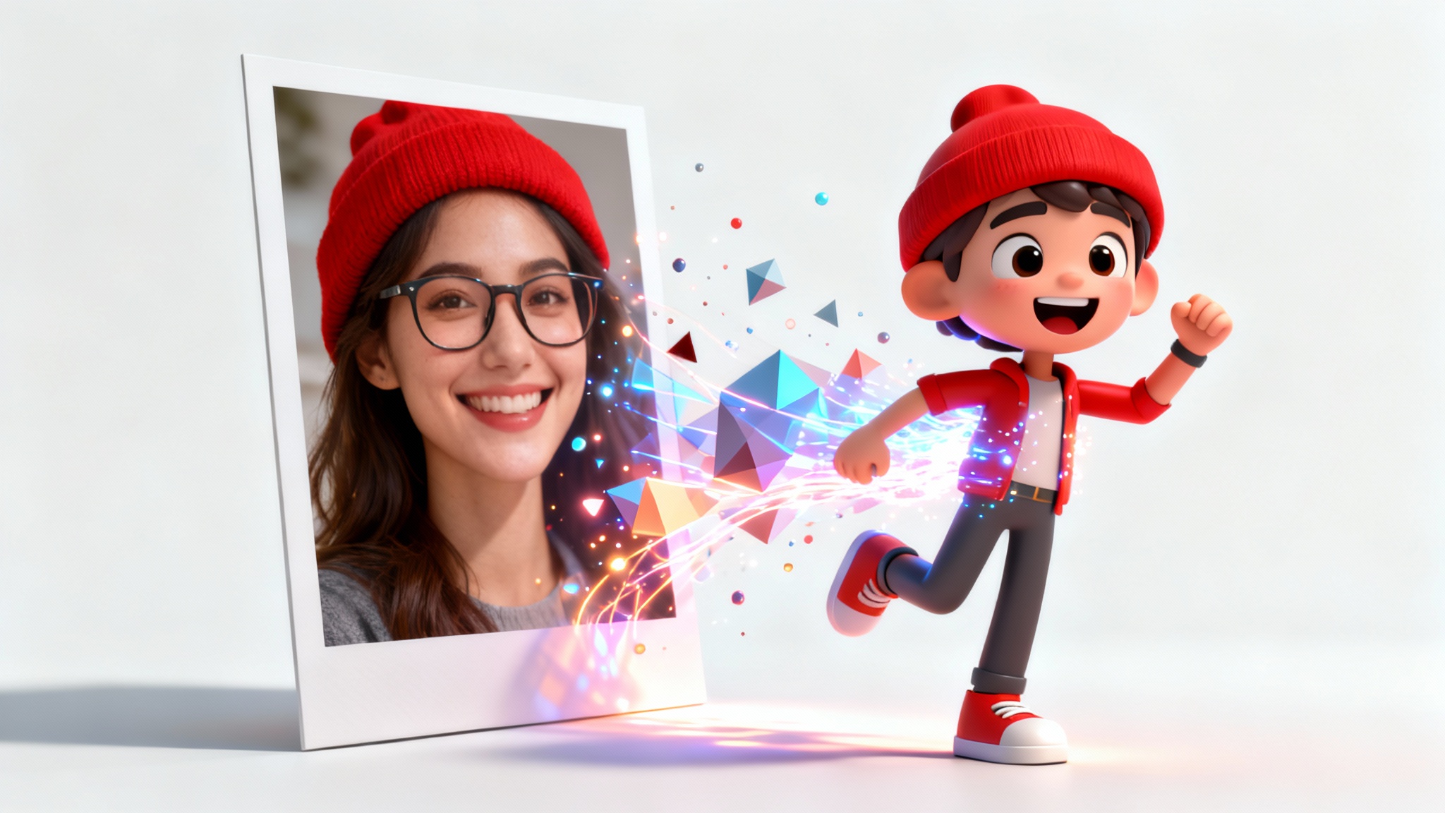 An illustration of a photo-to-3D-character service, showing a stylized 3D model of a woman emerging from her original photograph against a white background.