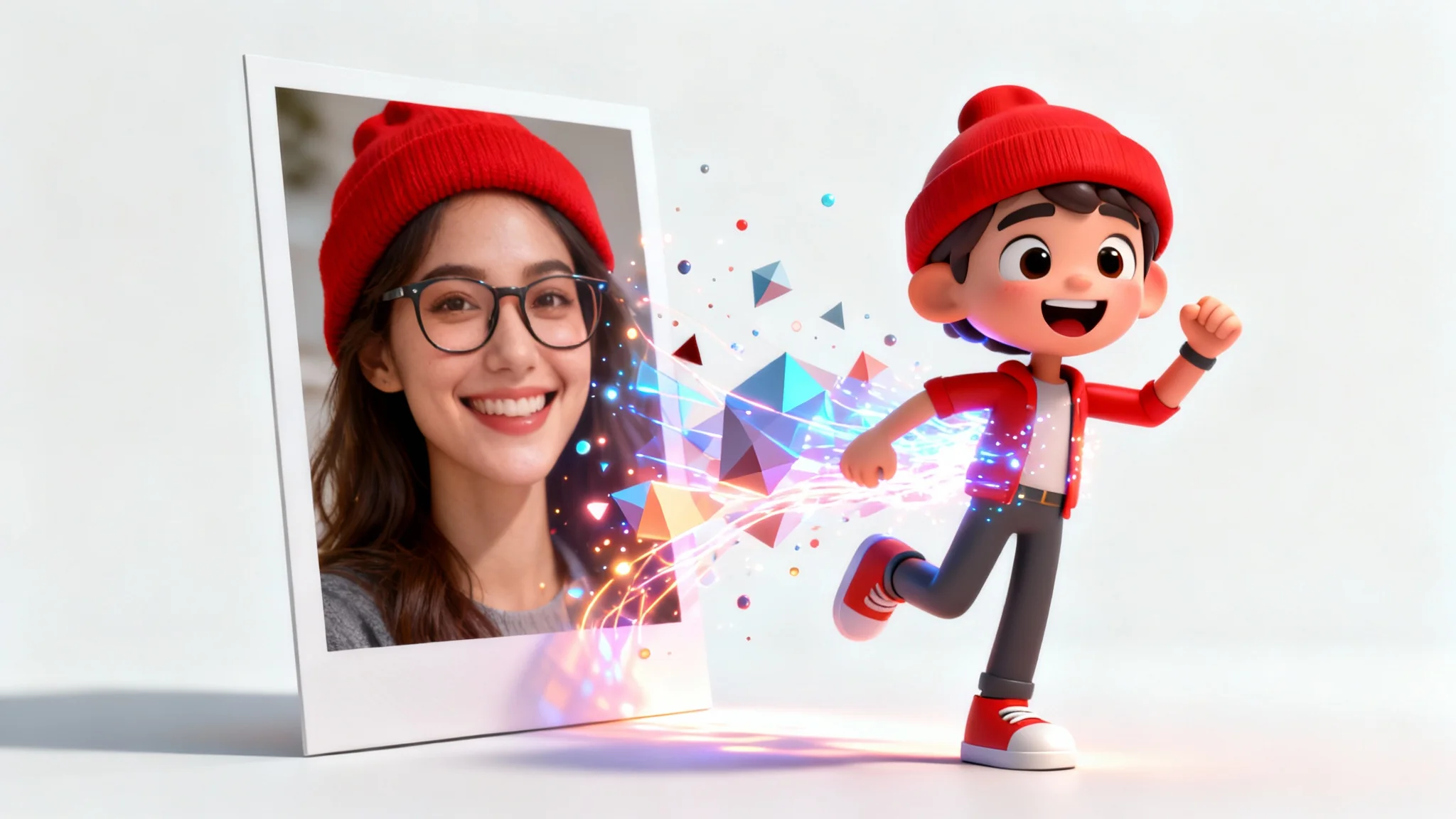 An illustration of a photo-to-3D-character service, showing a stylized 3D model of a woman emerging from her original photograph against a white background.