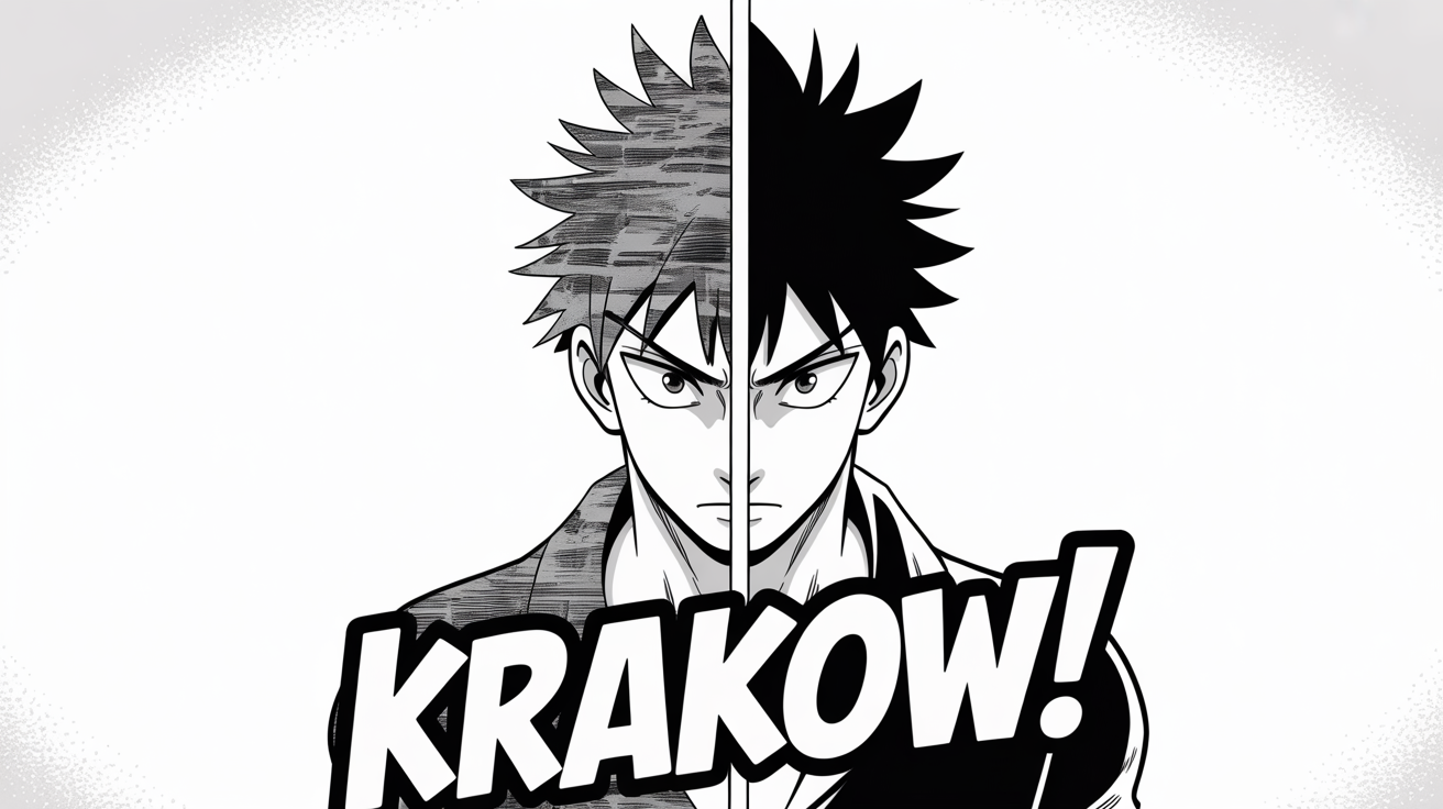 A manga panel demonstrating a cleaning effect, split diagonally. The 'before' side is grainy and yellowed, while the 'after' side is crisp and clean, featuring a shonen manga hero and the sound effect 'KRAKOW!'.