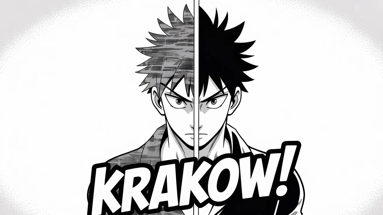 A manga panel demonstrating a cleaning effect, split diagonally. The 'before' side is grainy and yellowed, while the 'after' side is crisp and clean, featuring a shonen manga hero and the sound effect 'KRAKOW!'.