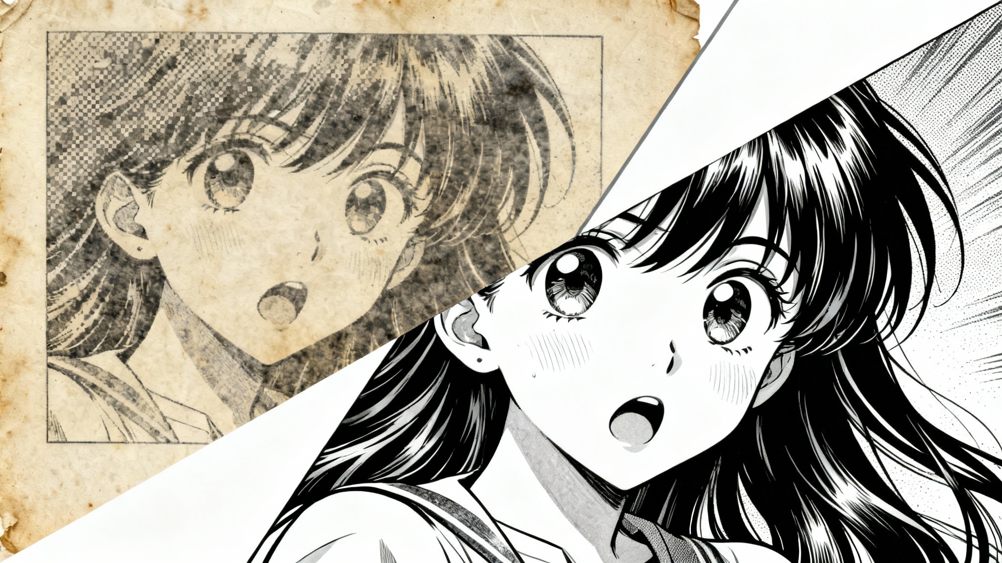 A before-and-after comparison of a single manga panel. One half of the image is pixelated and yellowed, representing a low-quality scan, while the other half is crisp, clean, and high-resolution, demonstrating the effect of a manga panel cleaner.