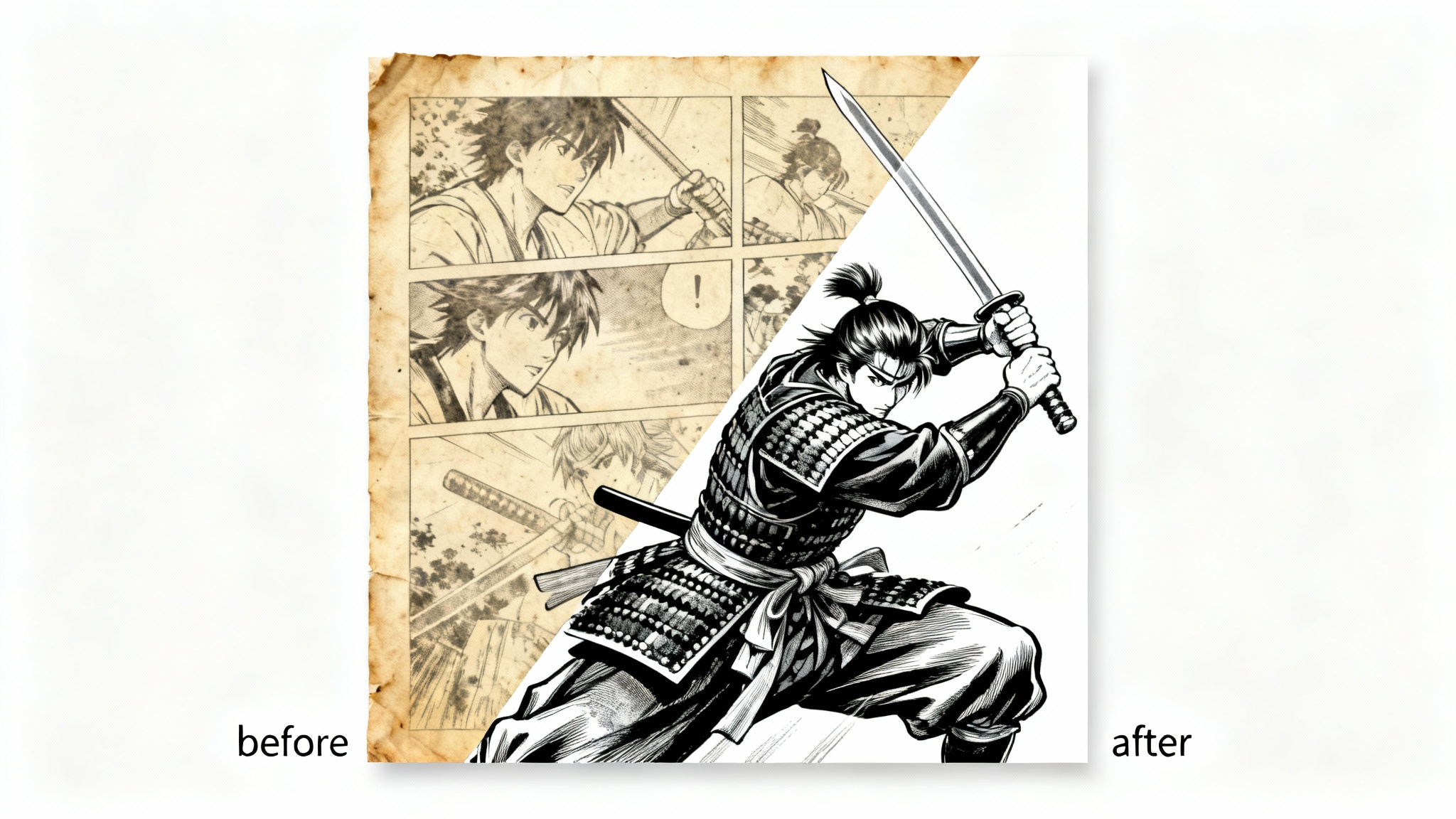 A before-and-after comparison of a manga panel being cleaned. The 'before' side is yellowed and grainy, while the 'after' side is crisp, clean, and has sharp black and white contrast.